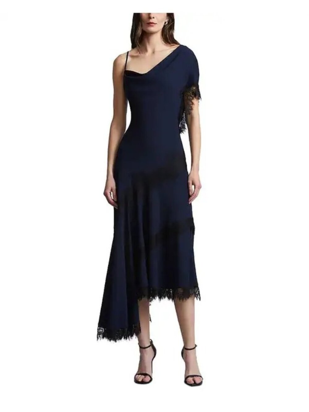 NWT BCBGMAXAZRIA Calla Lace Trim Asymmetrical Dress Dark Sapphire Size 14